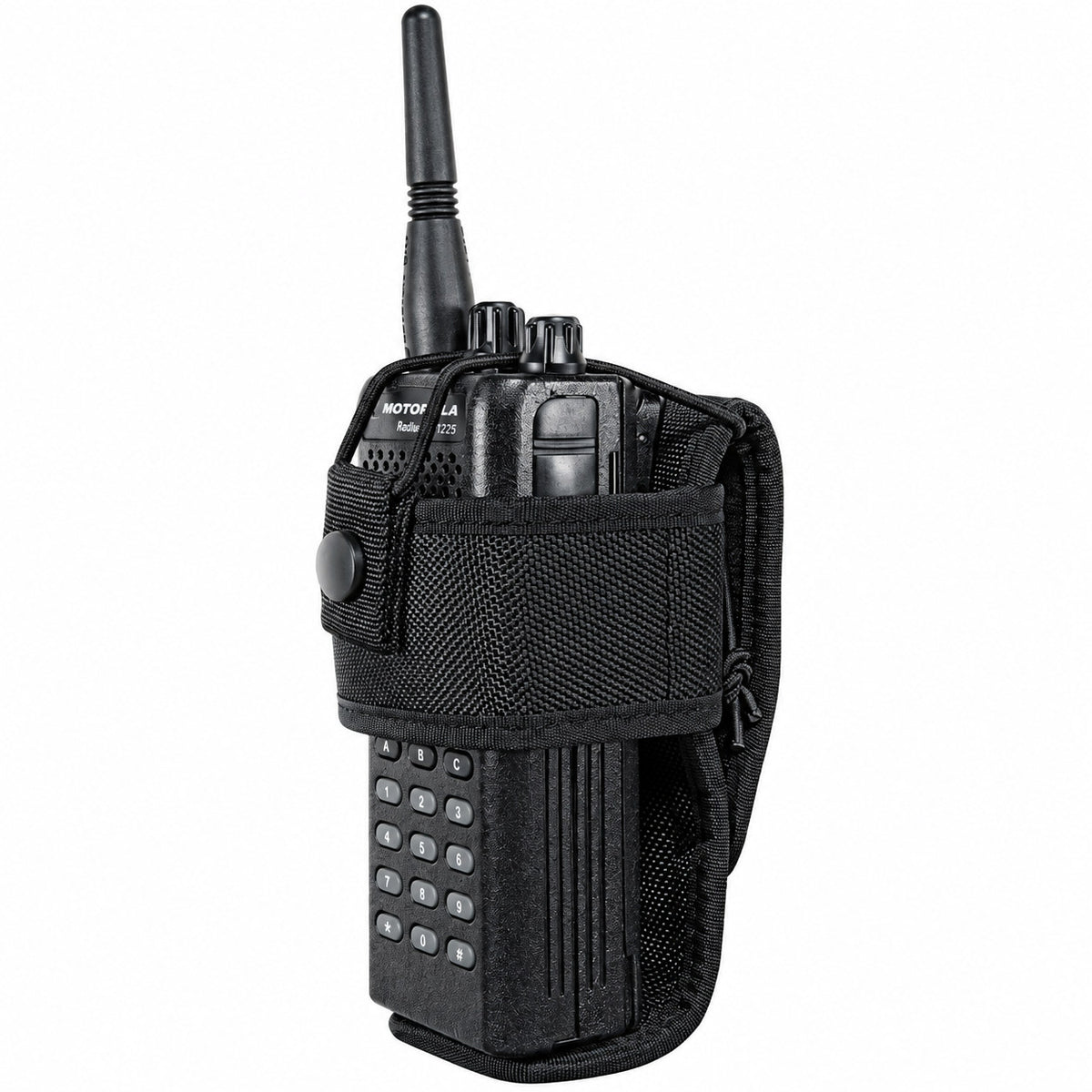 Hero's Pride universal radio holster holding a radio, angled view