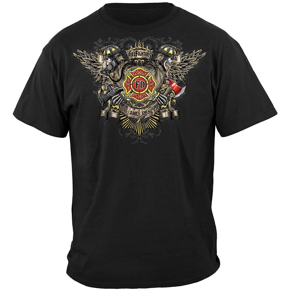 Skull and Wings Full Front and Back Firefighter T-Shirt - Black