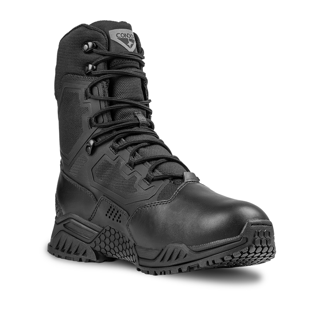 The Condor Brigade 8-inch Tactical Boot features a black design with a rugged sole, reinforced toe, mesh panels, and lace-up front, shown against a plain white background.
