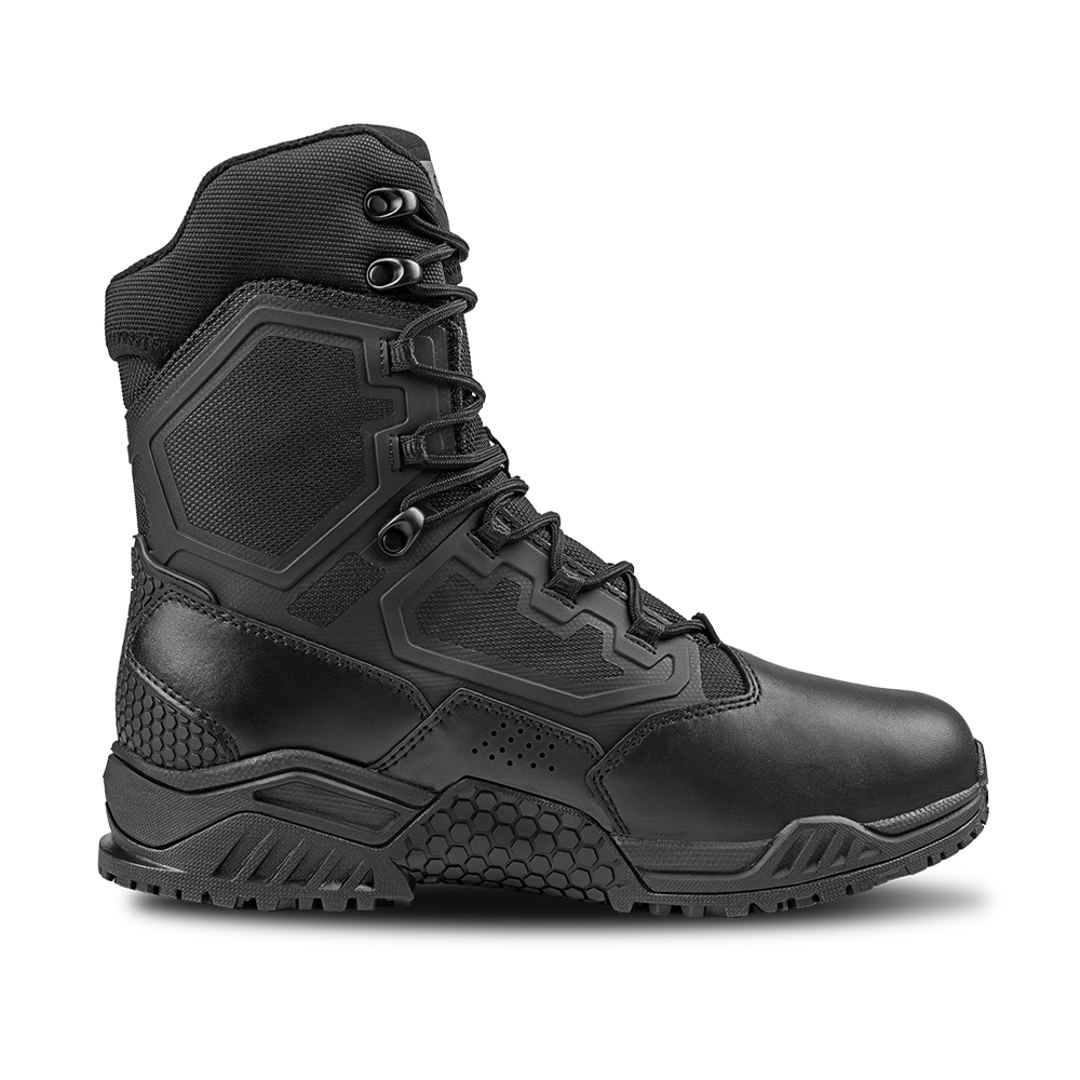 The Condor Brigade 8-inch Tactical Boots, shown from the side on a plain white background, feature a black design with a rugged sole, reinforced panels, and ankle support.