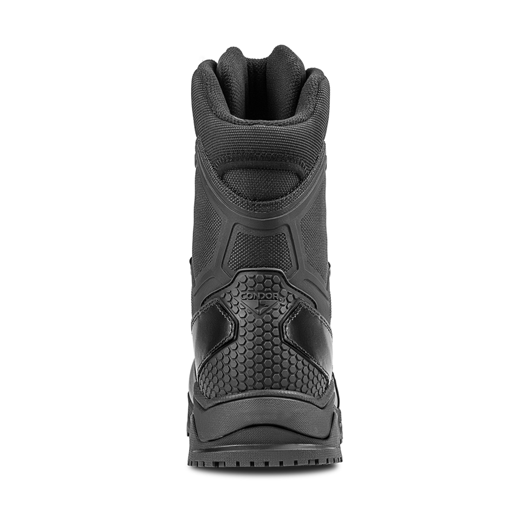 The Condor Brigade 8-inch Tactical Boots are shown in black from the back, featuring textured material and the Condor brand name above the heel.