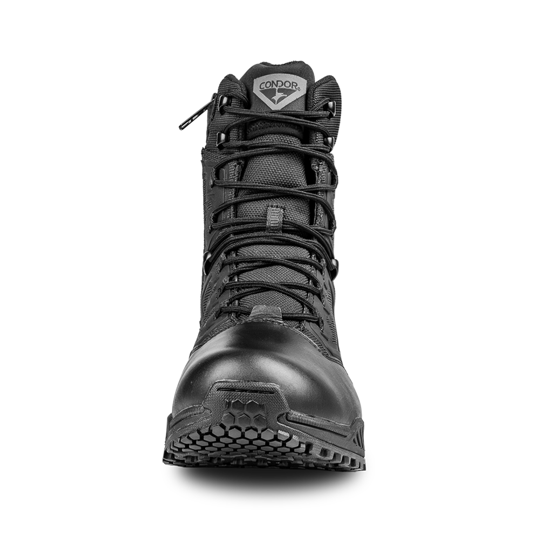The Condor Brigade 8-inch Tactical Boots - Zip (Black) feature a high ankle, detailed front laces, and visible Condor branding on the tongue.
