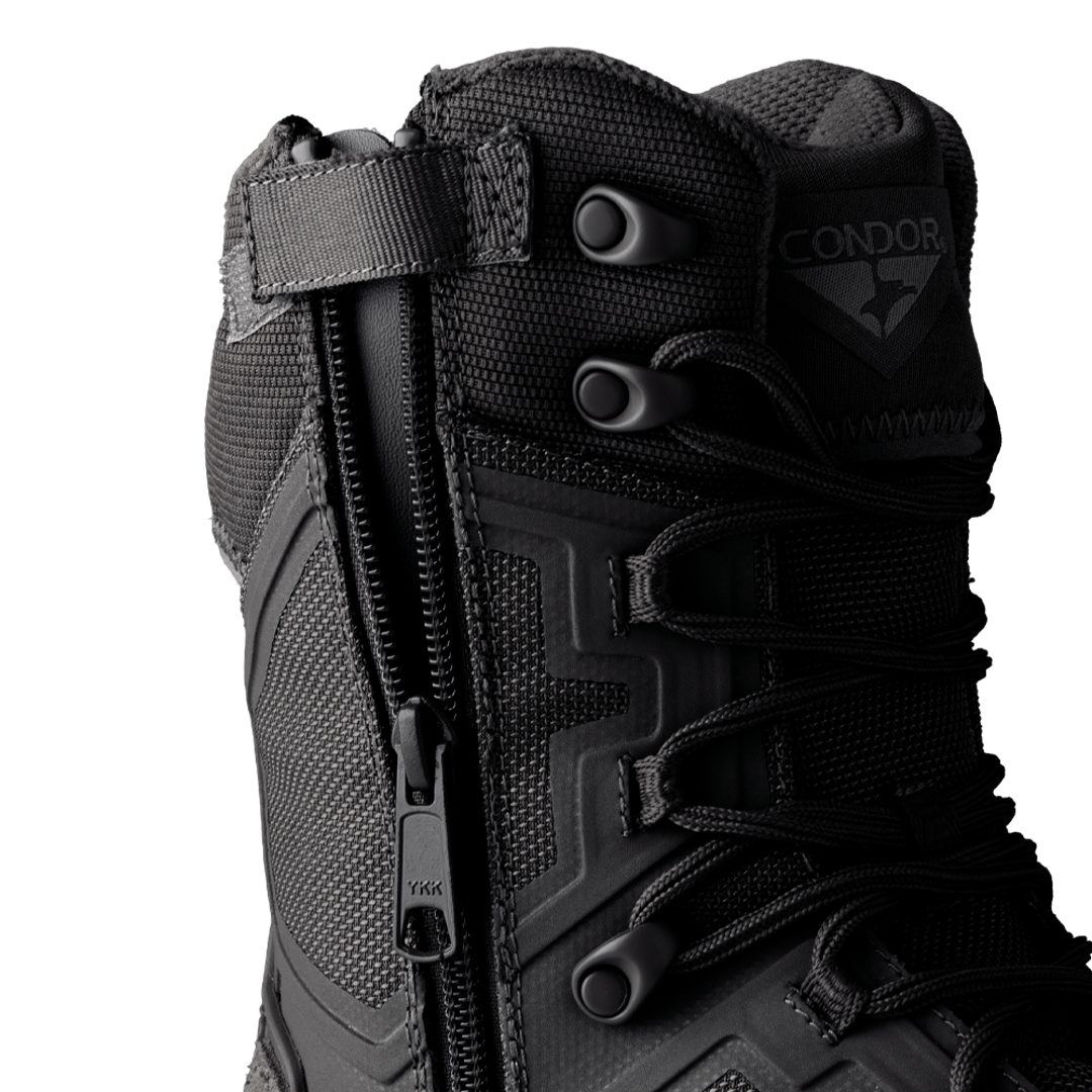 Close-up of Condor Brigade 8-inch Tactical Boots - Zip (Black) featuring a side zipper, lace-up front, textured fabric, and the Condor logo near the top.