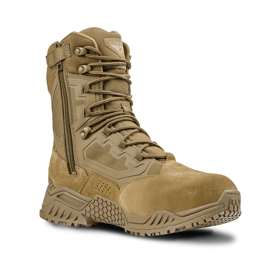 The Condor Brigade 8-inch Tactical Boots - Zip in coyote brown feature a lace-up design.