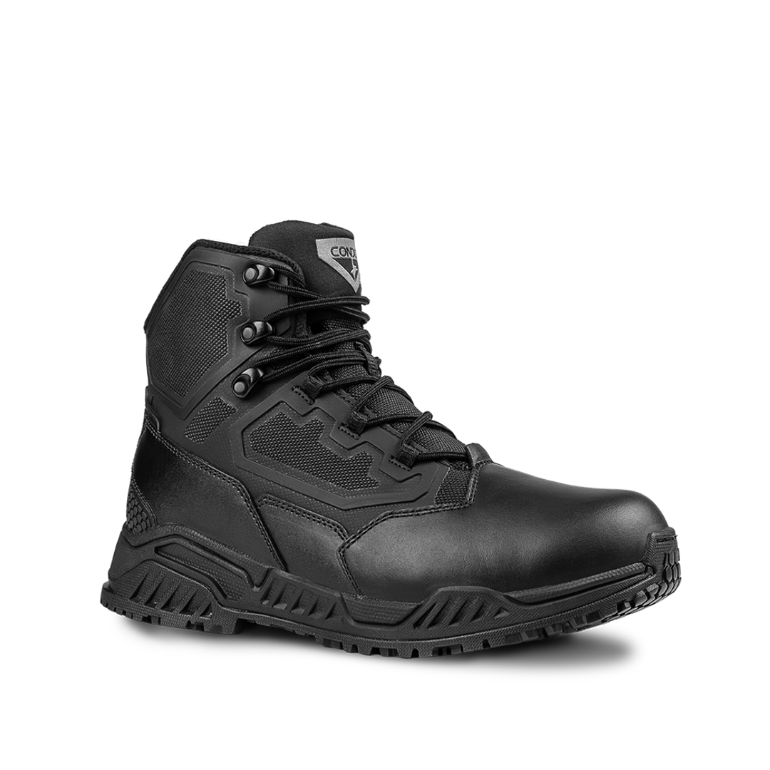 The Condor Brigade 6-inch Tactical Boots (Black) feature a rugged sole, mesh and leather upper, metal eyelets, and the Condor logo on the tongue, displayed against a plain white background.