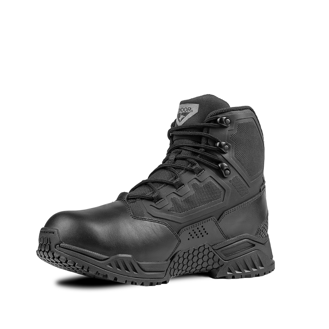 The Condor Brigade 6-inch Tactical Boots in black feature a rugged sole, reinforced upper, metal eyelets, mesh panels, and visible stitching, shown on a plain white background.