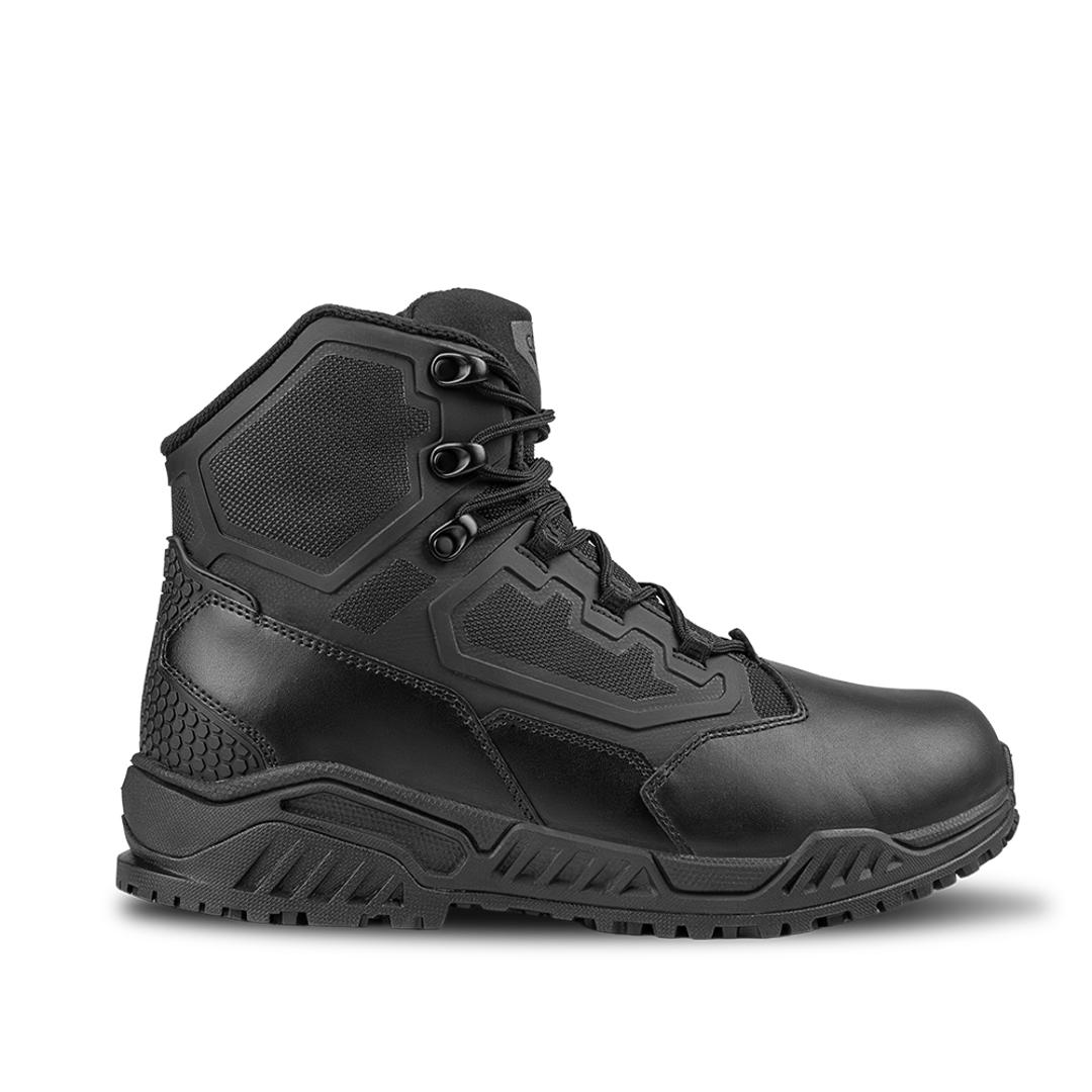 The Condor Brigade 6-inch Tactical Boots in black feature reinforced ankle support, a textured sole, and hexagonal detailing, displayed in a side profile against a plain white background.