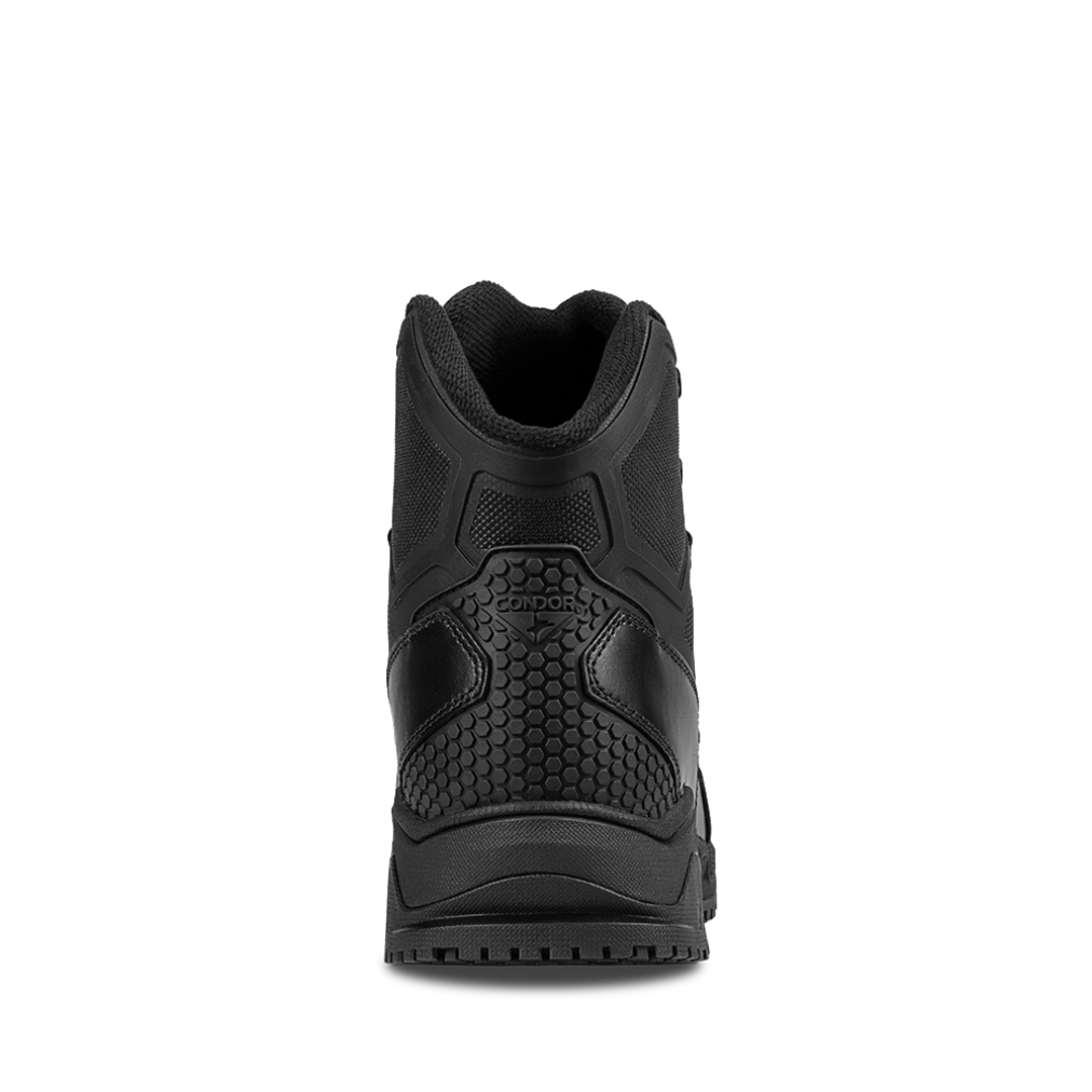 Rear view of Condor Brigade 6-inch Tactical Boots in black, showing textured detailing, mesh fabric, and the Condor logo on the heel.