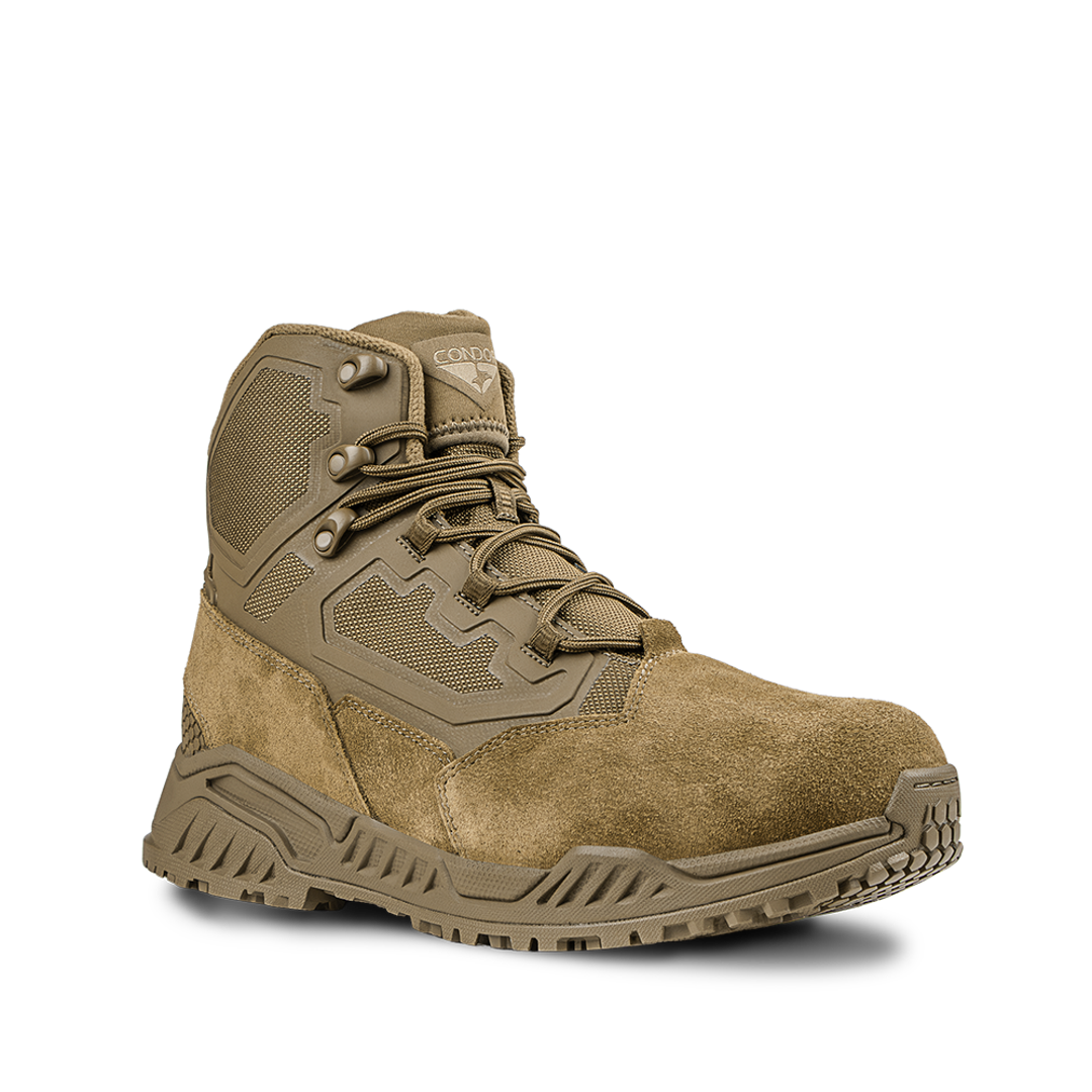 Condor Brigade 6-inch Tactical Boots in Coyote Brown feature a rugged tread, mesh panels, reinforced toe, lace-up front, and branded tongue, displayed against a plain white background.