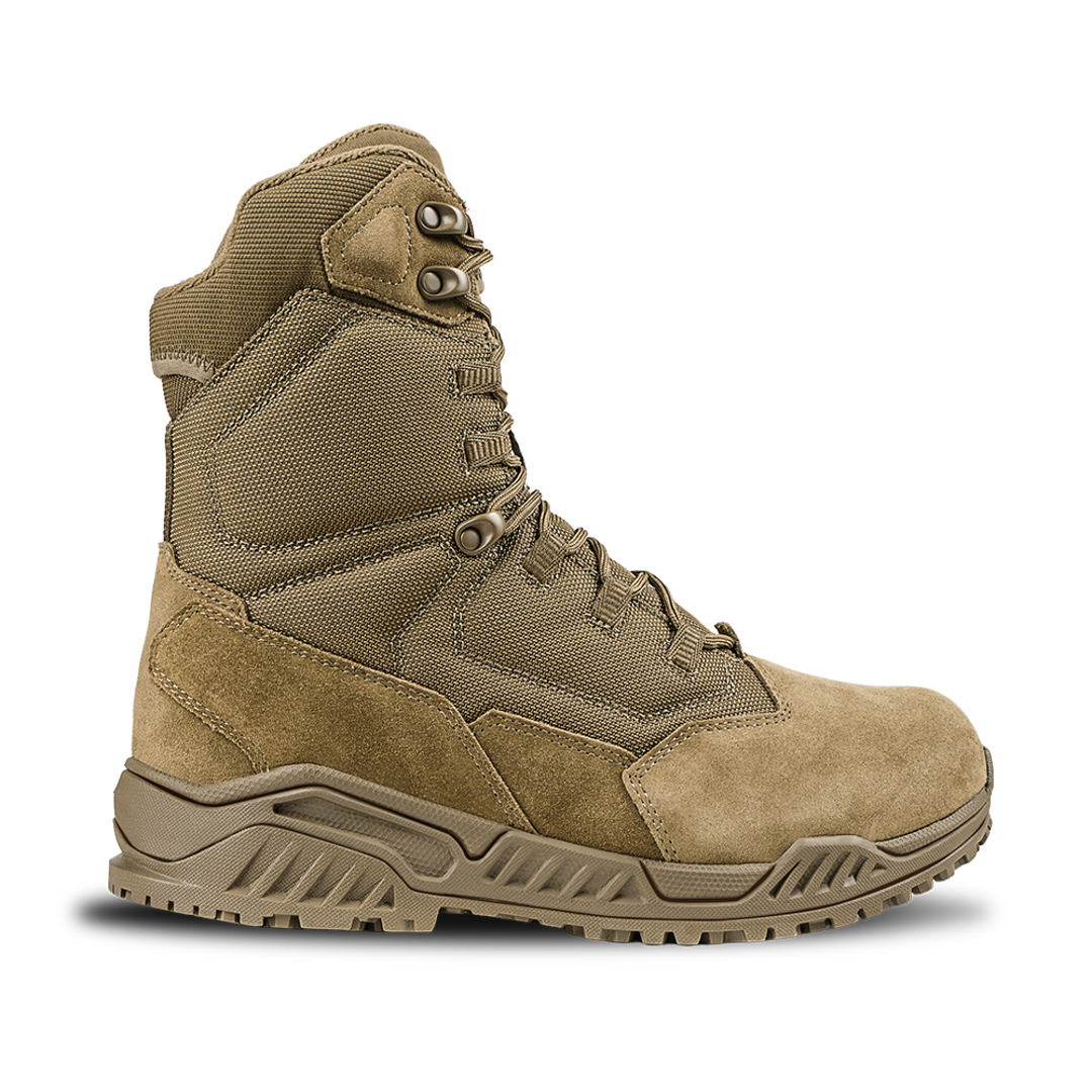 The Condor Brigade 8-inch Tactical Boots - AR670 are tan, high-ankle boots with a lace-up front, rugged sole, and reinforced panels, shown in a side profile on a white background.