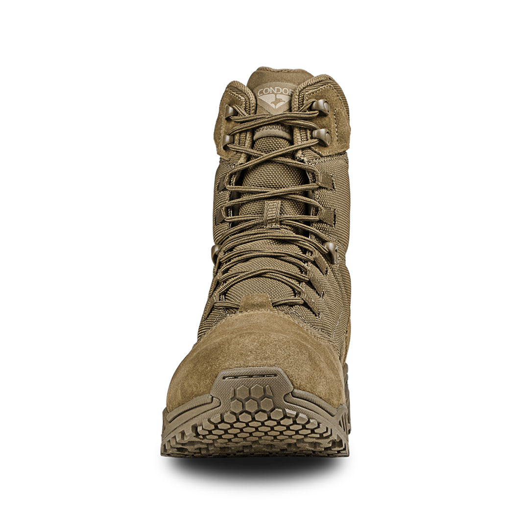 The Condor Brigade 8-inch Tactical Boots - AR670 are tan military-style boots featuring a high ankle, front laces, rugged sole, and a Condor logo on the tongue, shown from the front against a white background.