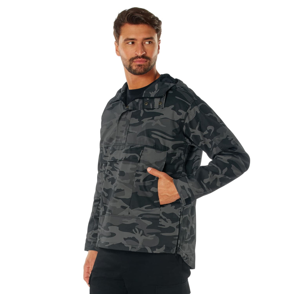 Black Camo Military Style Hooded Anorak Parka