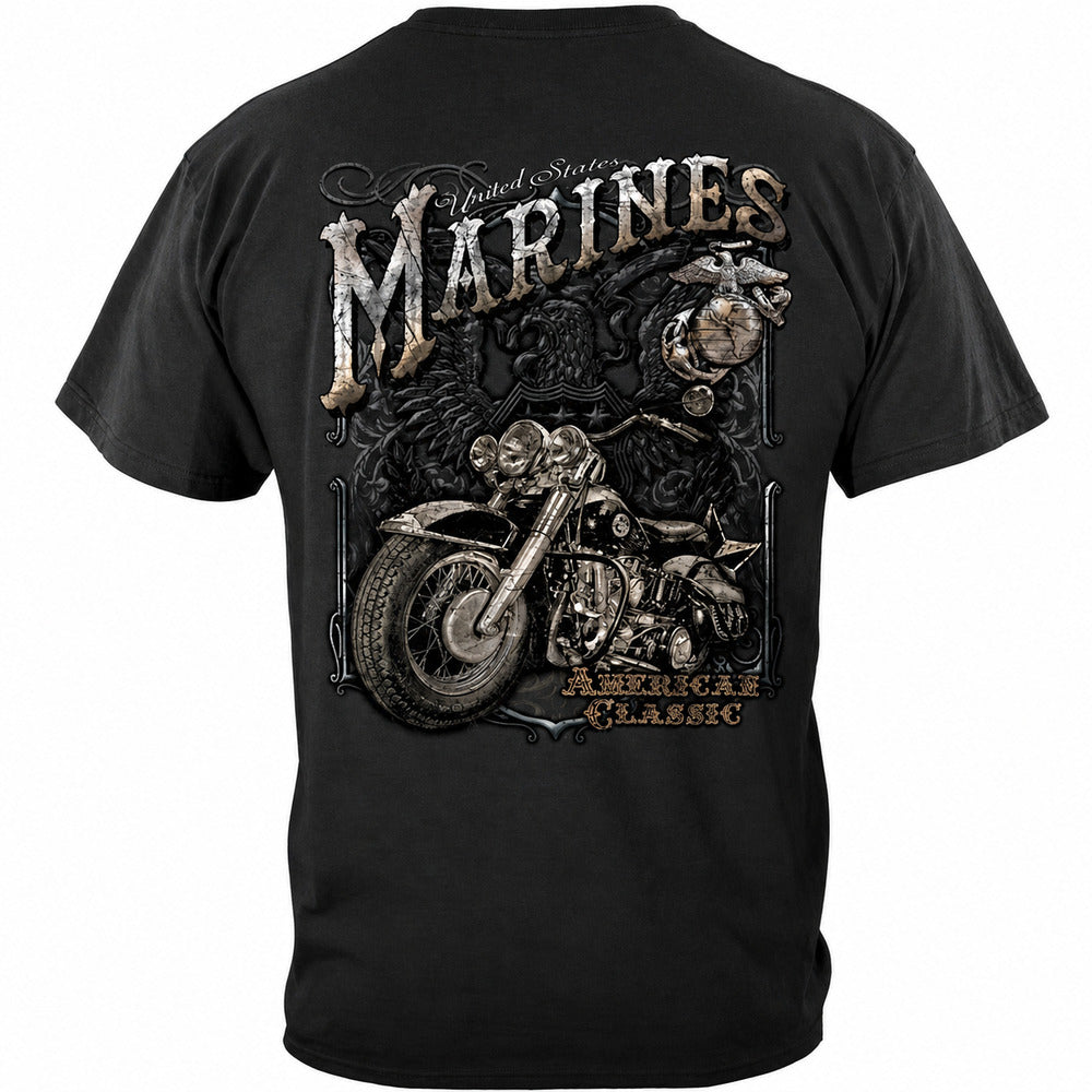 USMC Biker American Classic Vintage Marines T-Shirt - Black - back view