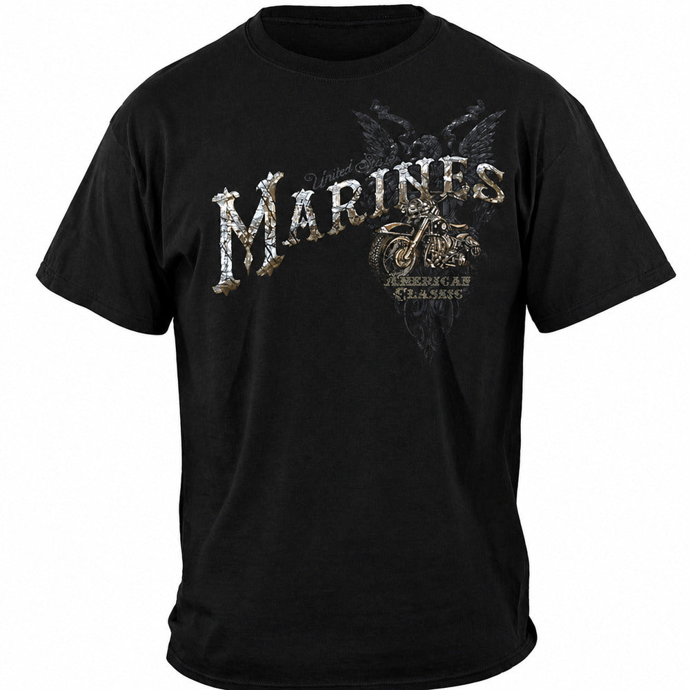 USMC Biker American Classic Vintage Marines T-Shirt - Black - front view