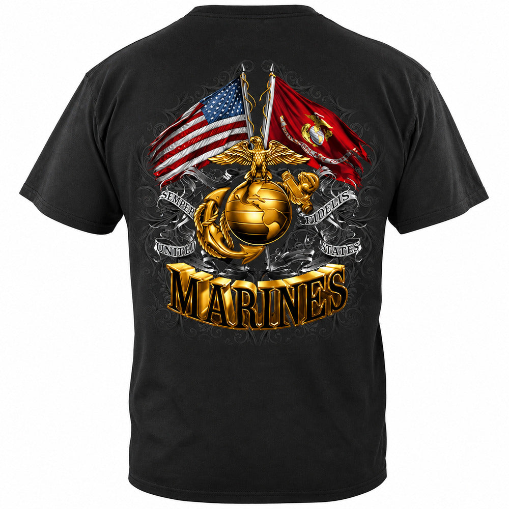 USMC Gold Globe, Eagle and Double Flag T-Shirt - Black - back view