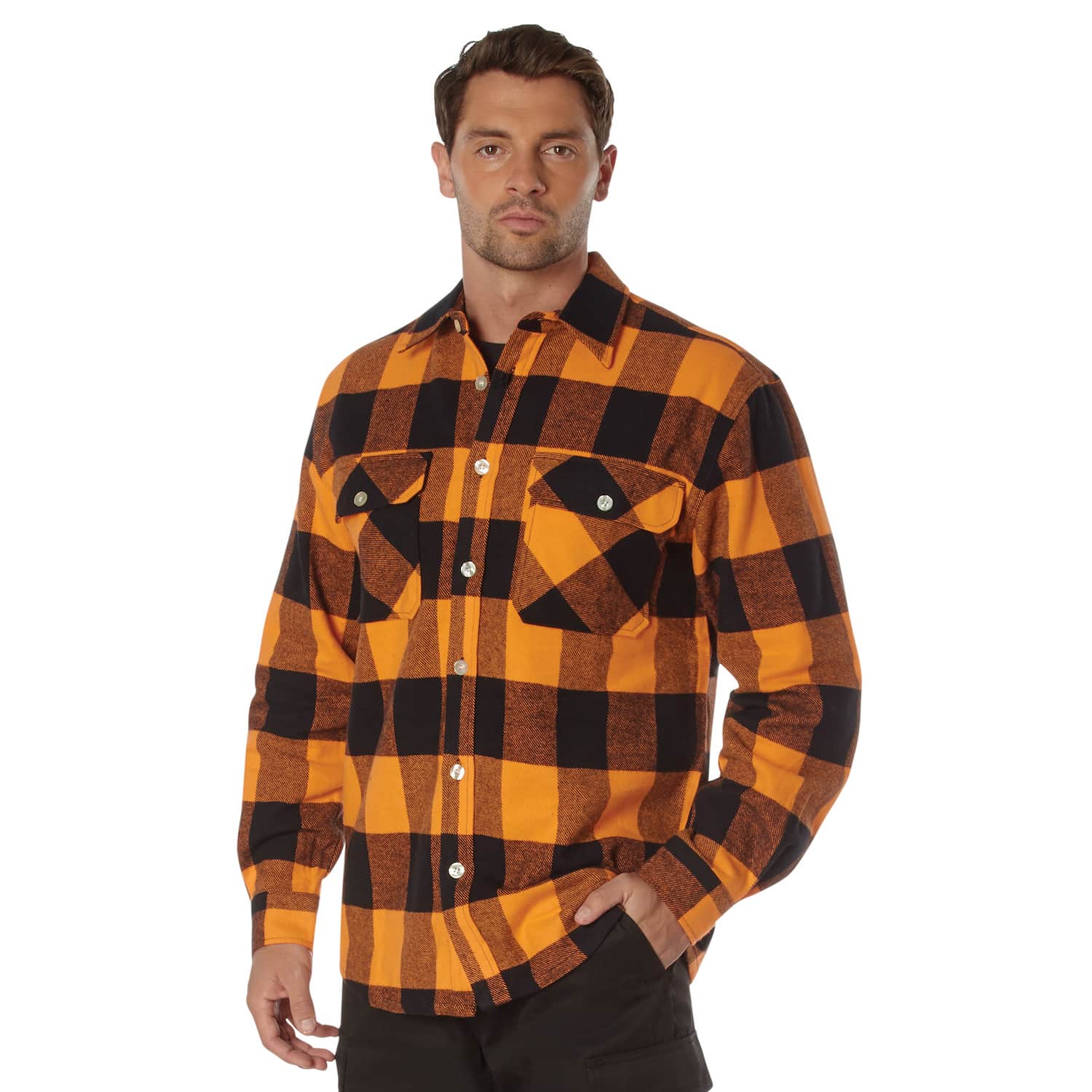 Heavyweight Orange and Black Buffalo Plaid Flannel Shirt