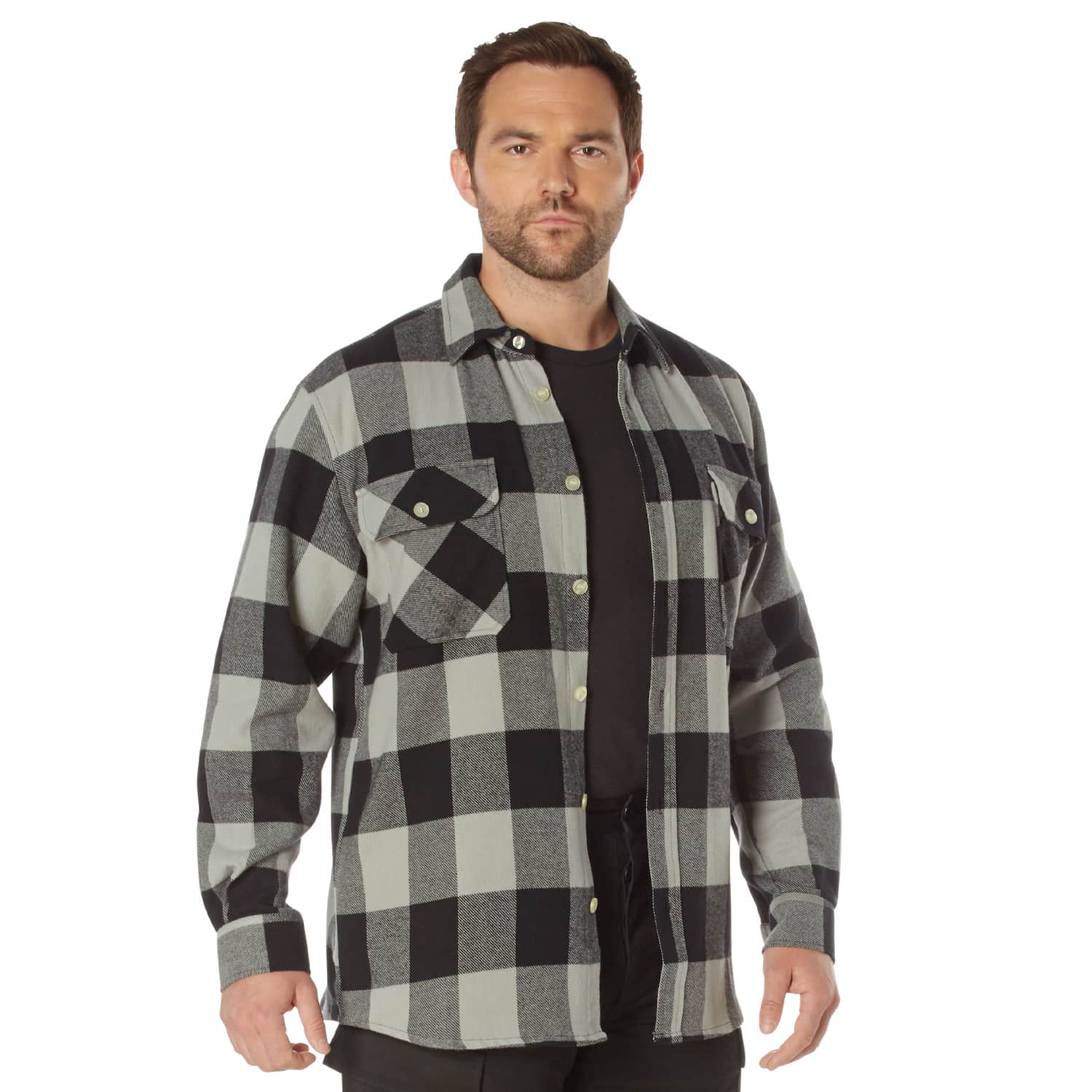 Heavyweight Gray Buffalo Plaid Flannel Shirt
