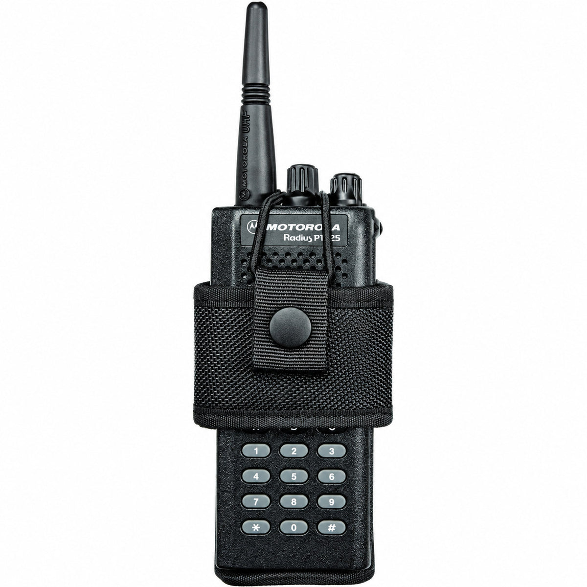 Hero's Pride universal radio holster holding a radio, close front view