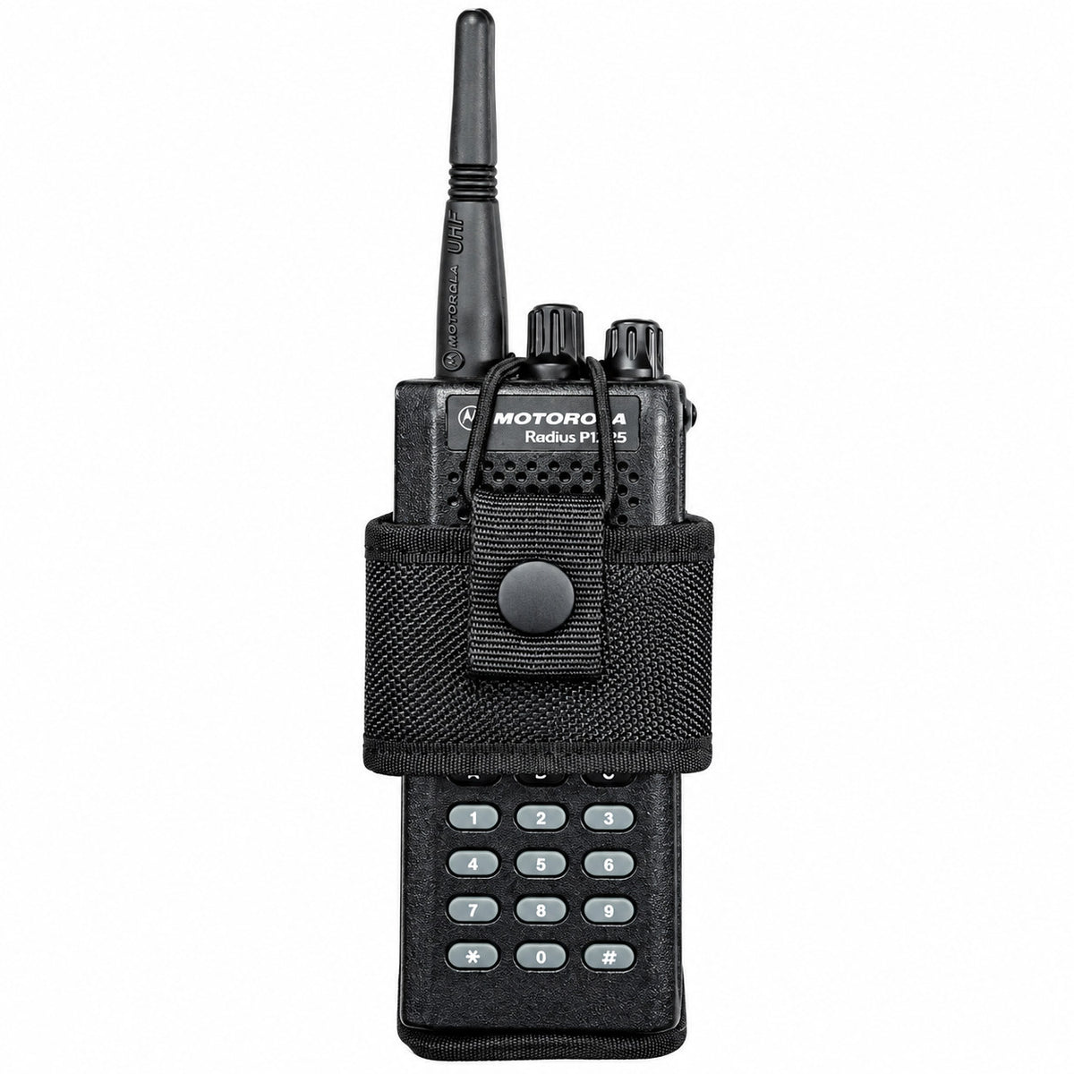 Hero's Pride universal radio holster holding a radio, full front view