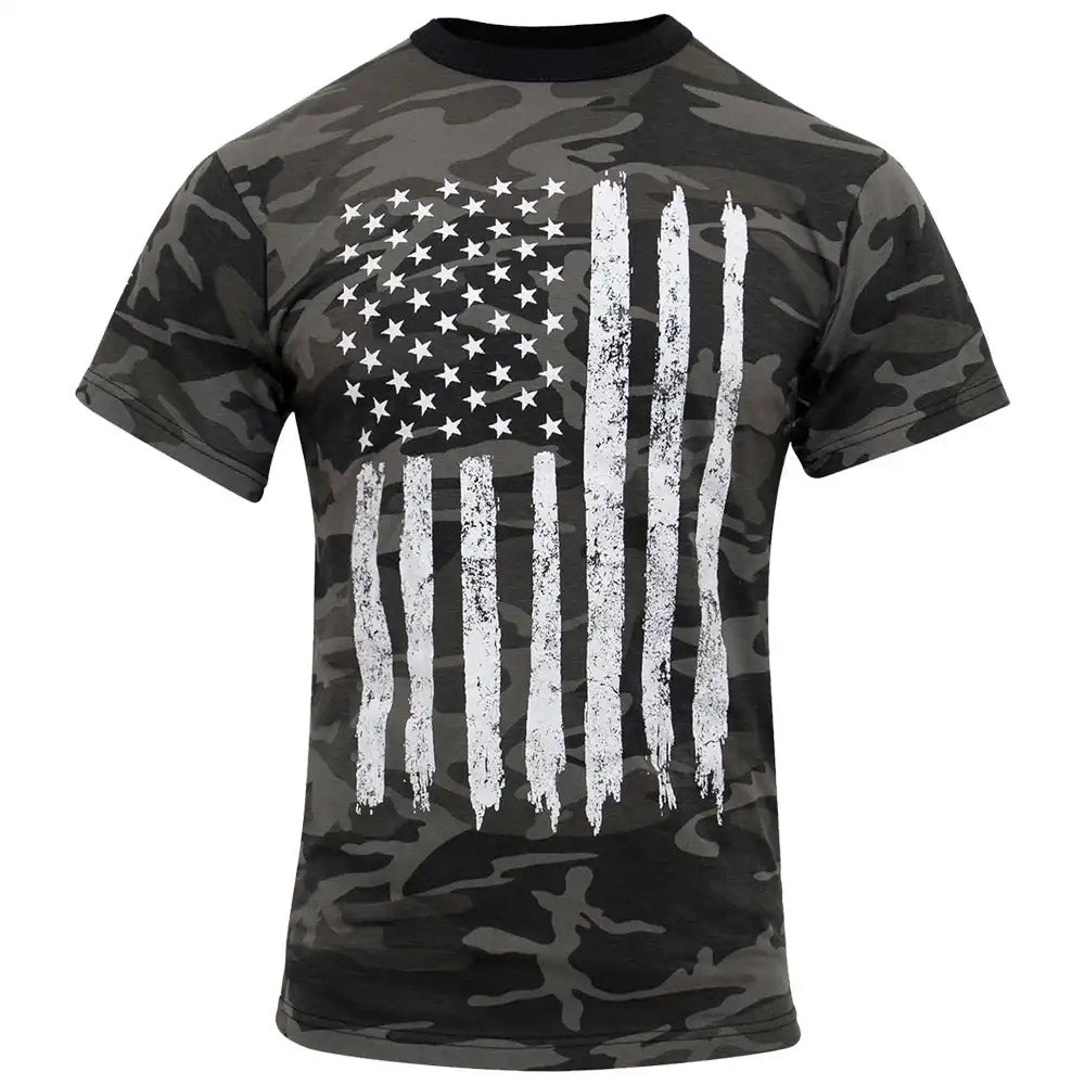 Distressed White US Flag Black Camo T-Shirt