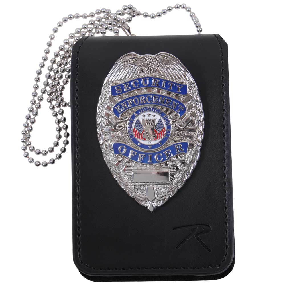 Black Leather Universal Badge & ID Holder with Lanyard