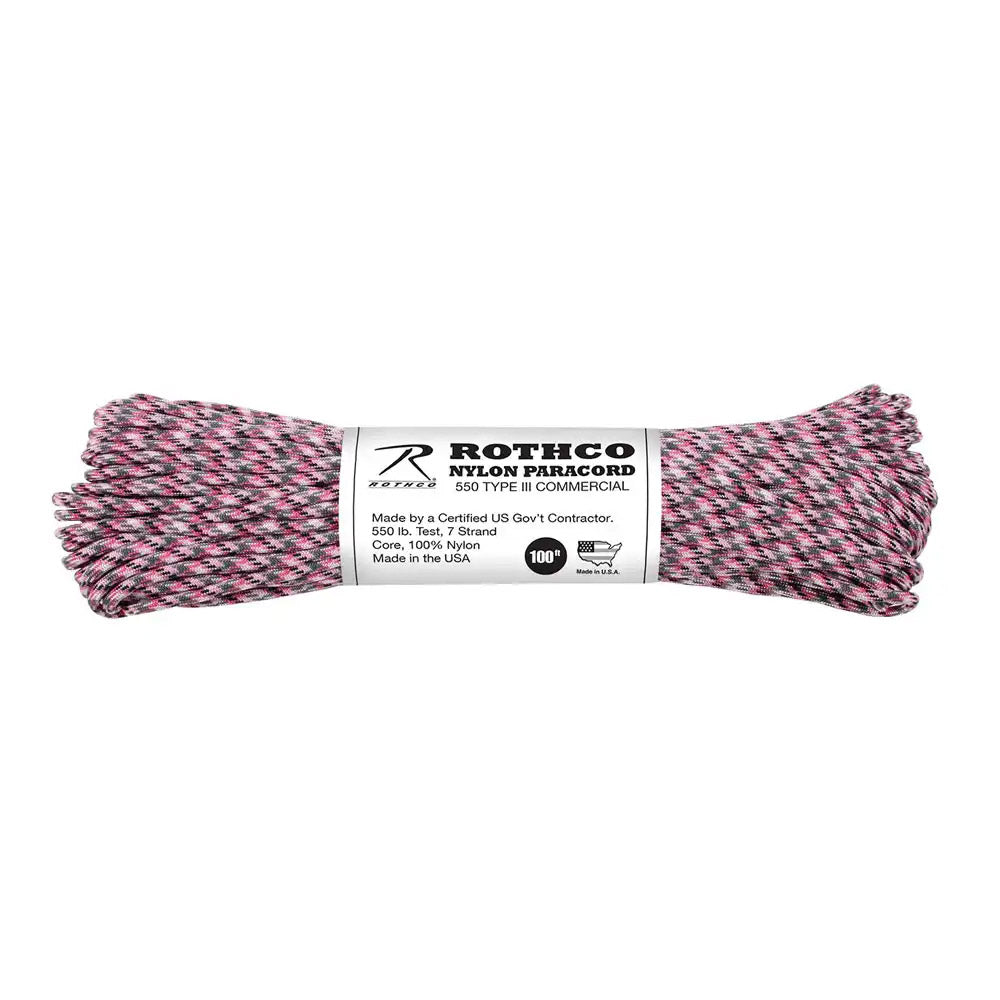 USA Made Enhanced Nylon Pink Camo Paracord - 100 Foot