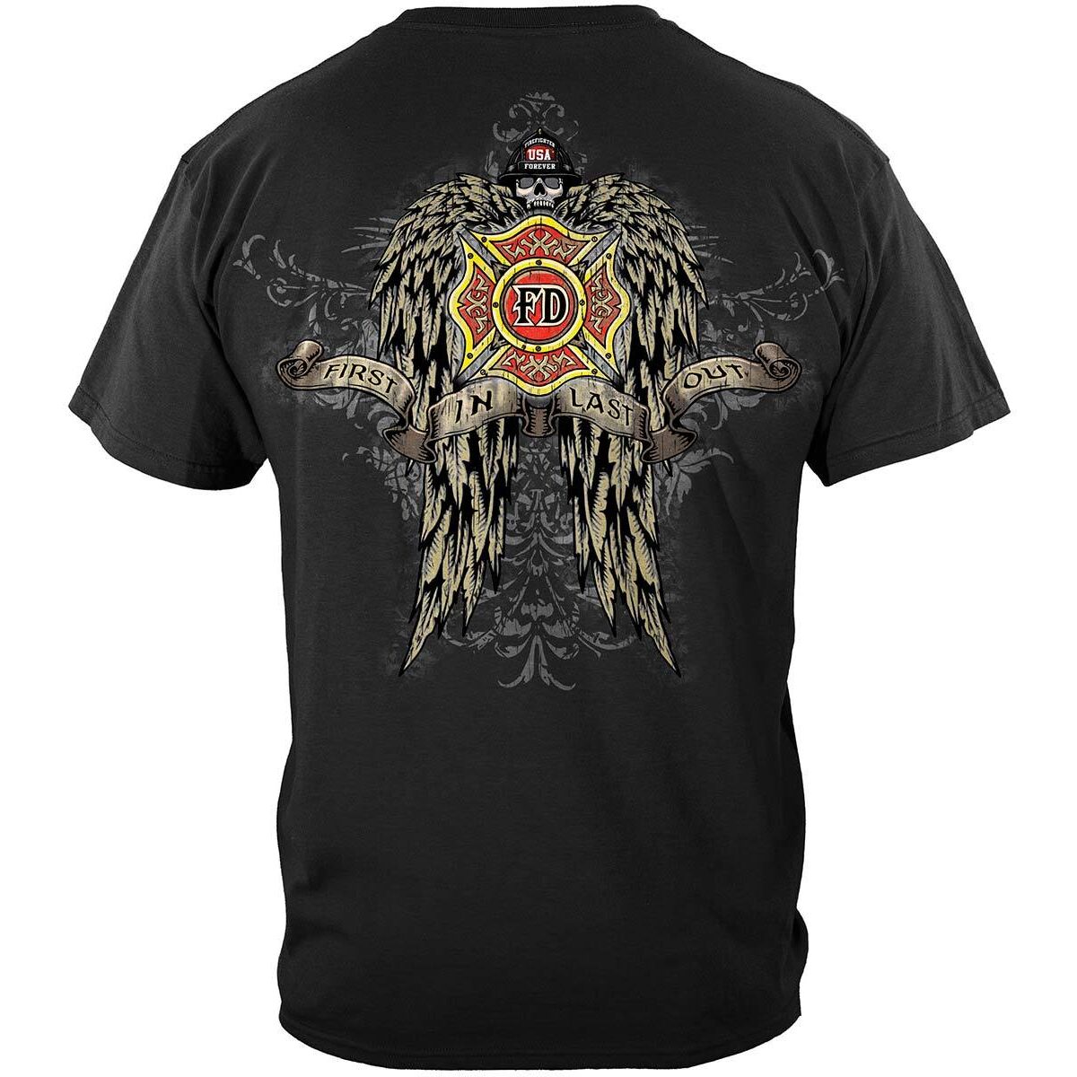 Skull and Wings Full Front and Back Firefighter T-Shirt - Black