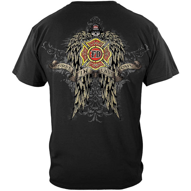 Skull and Wings Full Front and Back Firefighter T-Shirt - Black