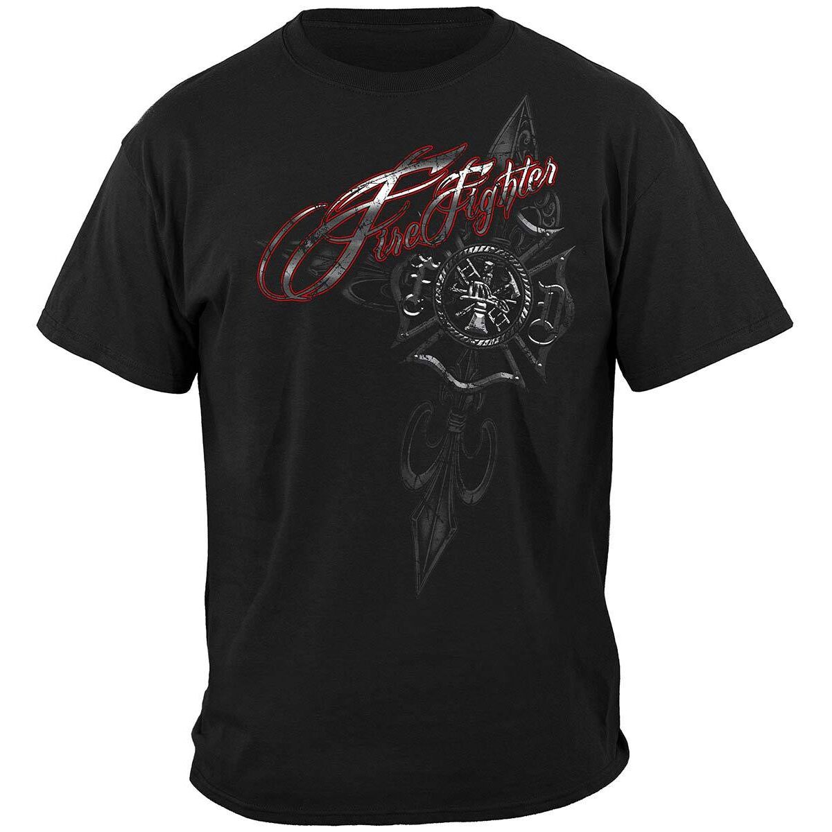 Red Foil Script Firefighter T-Shirt - Black