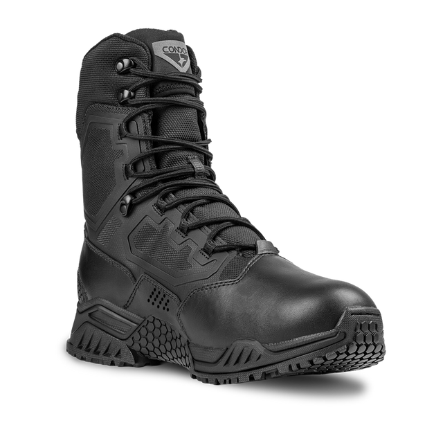 The Condor Brigade 8-inch Tactical Boot features a black design with a rugged sole, reinforced toe, mesh panels, and lace-up front, shown against a plain white background.