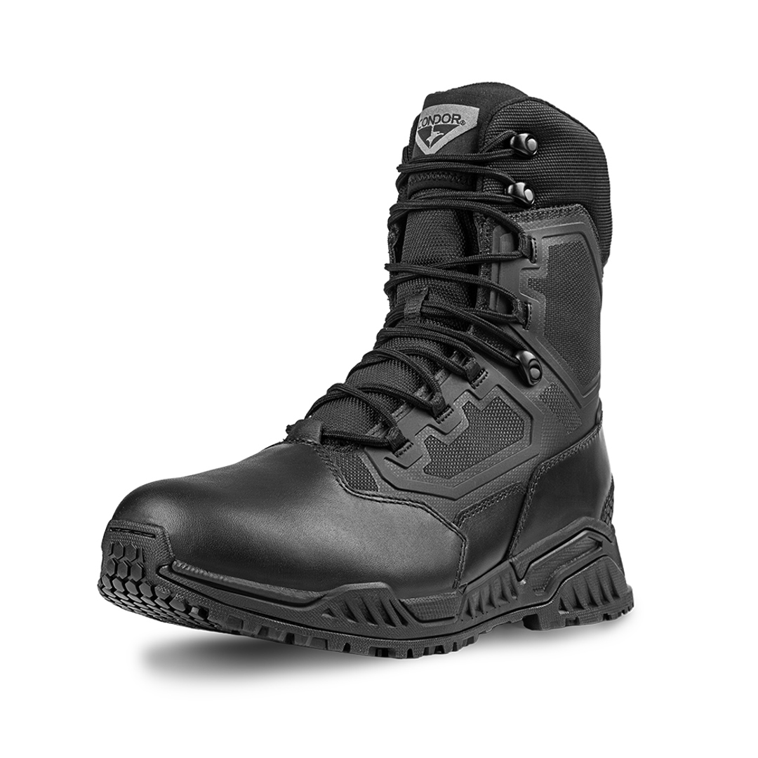 The Condor Brigade 8-inch Tactical Boots in black feature reinforced toes, high ankle support, a textured sole, and a lace-up front, shown against a plain white background.