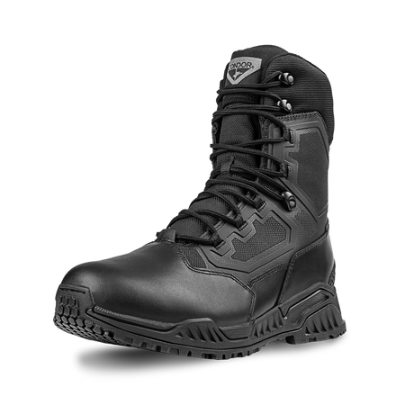 The Condor Brigade 8-inch Tactical Boots in black feature reinforced toes, high ankle support, a textured sole, and a lace-up front, shown against a plain white background.