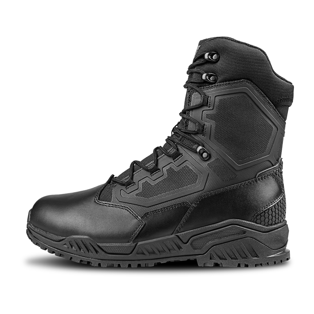 The Condor Brigade 8-inch Tactical Boots feature a black design with a textured sole, reinforced panels, high ankle support, and metal eyelets for lacing, shown on a white background.
