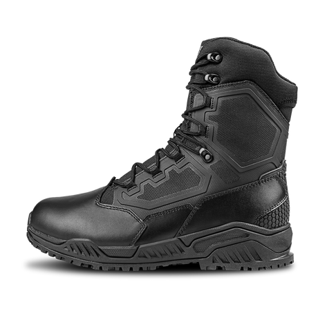 The Condor Brigade 8-inch Tactical Boots feature a black design with a textured sole, reinforced panels, high ankle support, and metal eyelets for lacing, shown on a white background.