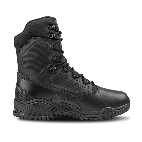 The Condor Brigade 8-inch Tactical Boots, shown from the side on a plain white background, feature a black design with a rugged sole, reinforced panels, and ankle support.