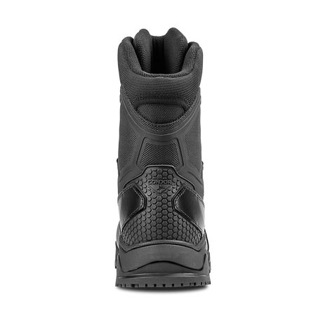 The Condor Brigade 8-inch Tactical Boots are shown in black from the back, featuring textured material and the Condor brand name above the heel.
