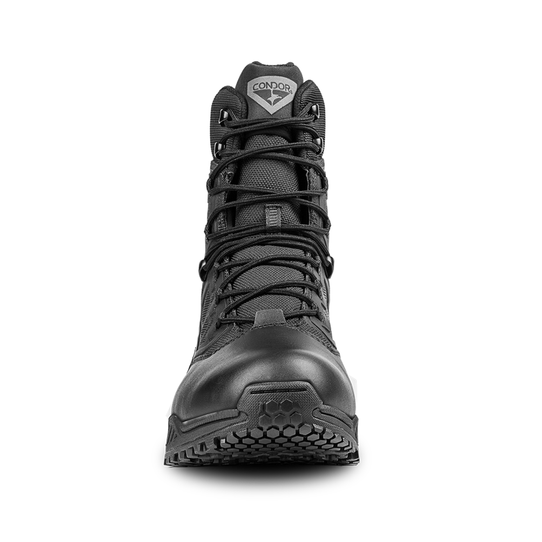Front view of the Condor Brigade 8-inch Tactical Boots in black, showing tied laces, rugged sole, and Condor logo on the tongue.