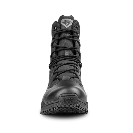 Front view of the Condor Brigade 8-inch Tactical Boots in black, showing tied laces, rugged sole, and Condor logo on the tongue.