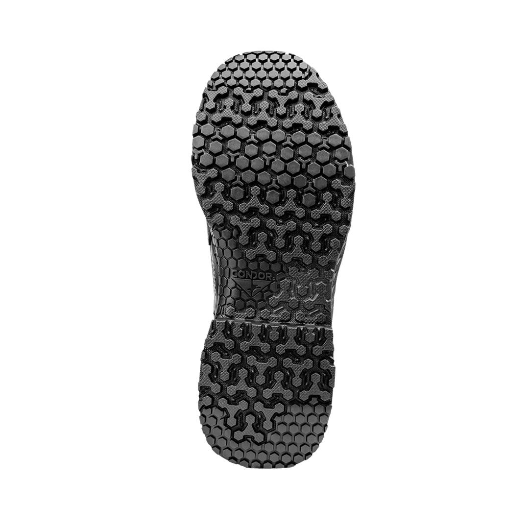 Close-up view of the black rubber sole on the Condor Brigade 8-inch Tactical Boots, highlighting its detailed hexagonal and patterned tread design.