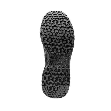Close-up view of the black rubber sole on the Condor Brigade 8-inch Tactical Boots, highlighting its detailed hexagonal and patterned tread design.