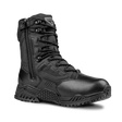 Black tactical boot with a zipper on a white background