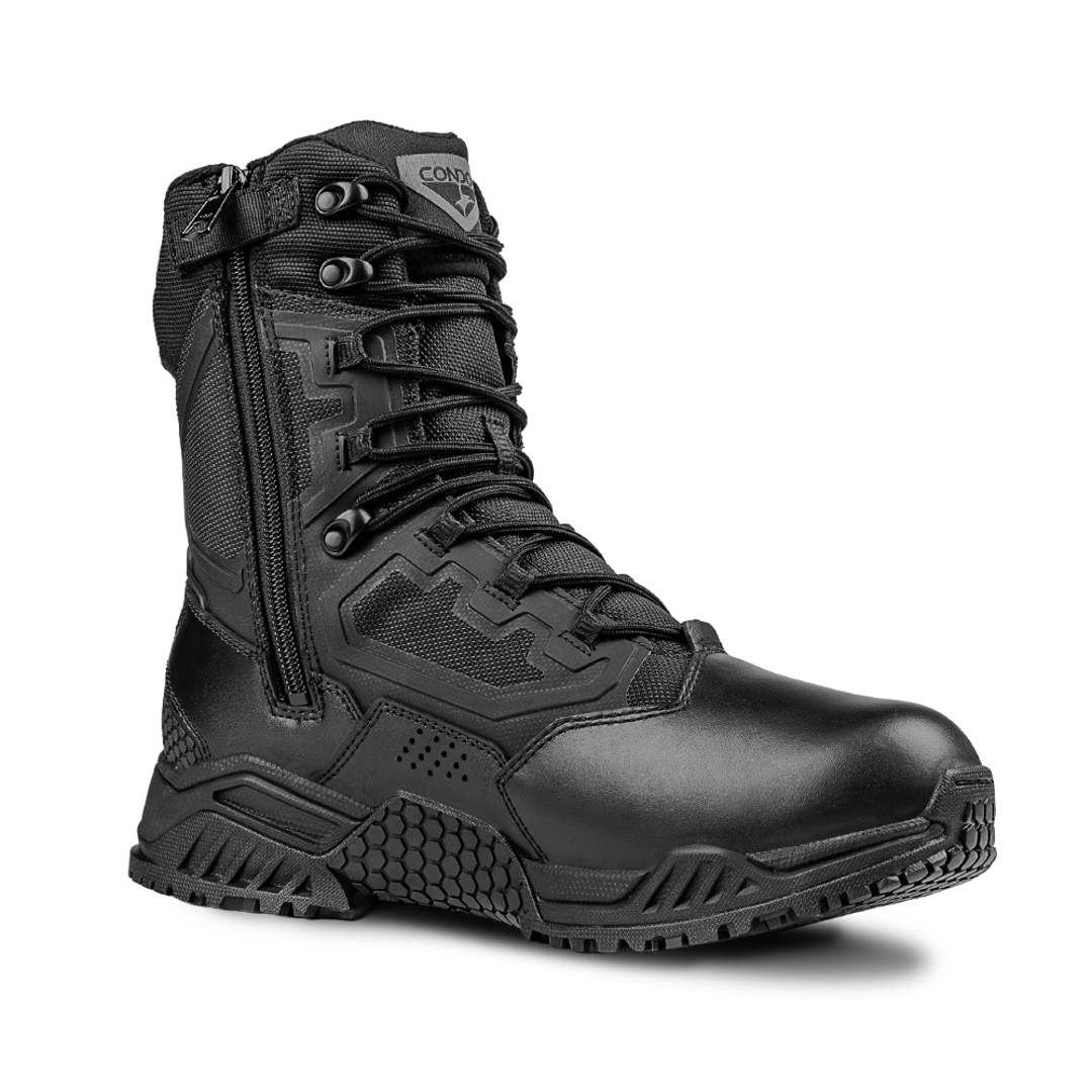 Black tactical boot with a zipper on a white background