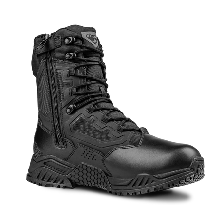 Black tactical boot with a zipper on a white background