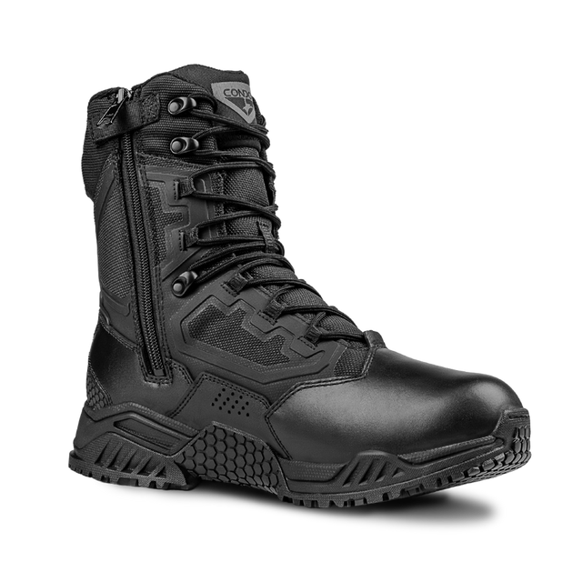 Black tactical boot with a zipper on a white background