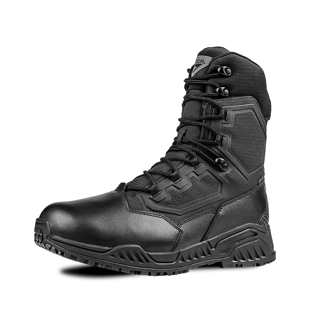 The Condor Brigade 8-inch Tactical Boots - Zip (Black) feature a rugged sole, reinforced toe, high ankle support, and a branded patch on the tongue. Photographed against a plain white background.