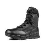 The Condor Brigade 8-inch Tactical Boots - Zip (Black) feature a rugged sole, reinforced toe, high ankle support, and a branded patch on the tongue. Photographed against a plain white background.