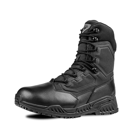 The Condor Brigade 8-inch Tactical Boots - Zip (Black) feature a rugged sole, reinforced toe, high ankle support, and a branded patch on the tongue. Photographed against a plain white background.