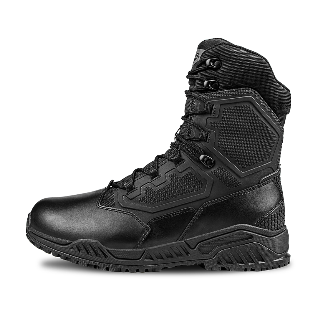 The Condor Brigade 8-inch Tactical Boots - Zip (Black) feature a high ankle, textured panels, reinforced toe, and heavy-duty sole, shown in a side profile on a white background.