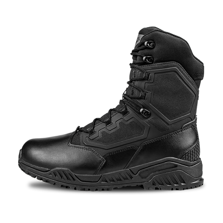 The Condor Brigade 8-inch Tactical Boots - Zip (Black) feature a high ankle, textured panels, reinforced toe, and heavy-duty sole, shown in a side profile on a white background.