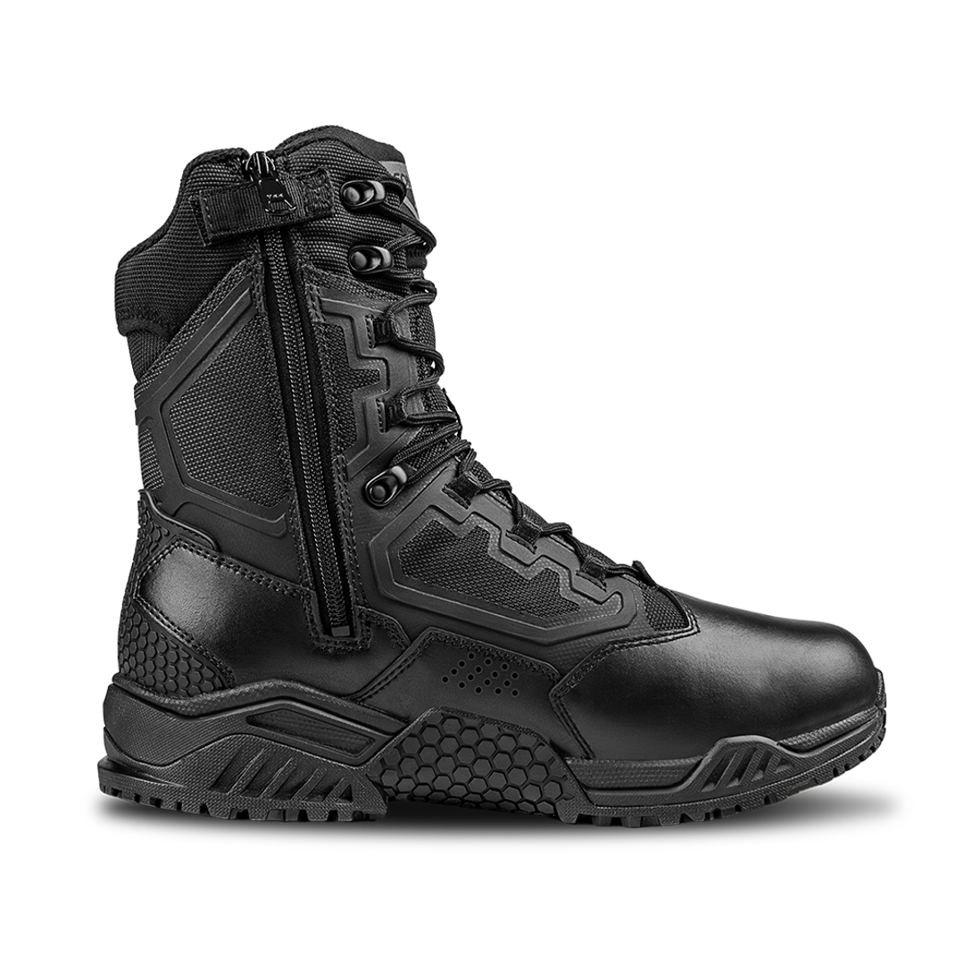 The Condor Brigade 8-inch Tactical Boots - Zip (Black) feature a side zipper, lace-up front, textured sole, and reinforced panels, shown on a white background.